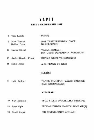 Yapıt Toplumsal Araştırmalar Dergisi Sayı 07 Ekim Kasım kitap kapağı
