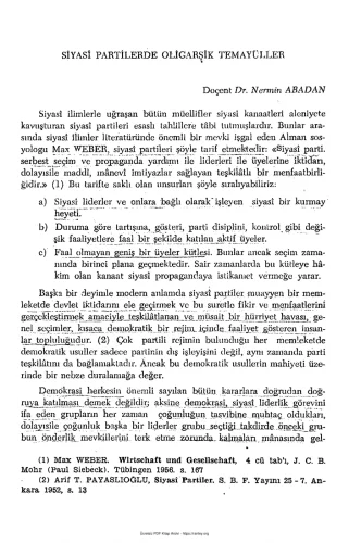Nermin Abadan Unat Siyasi Partilerde Oligarşik Temayüller SBF Dergisi Cilt 14 Sayı 2