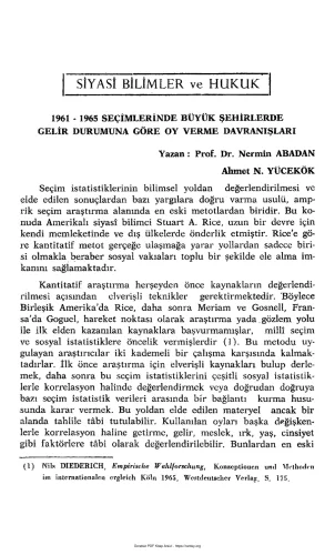 Unat Siyasi Bilimler ve Hukuk 1961 1965 Seçimlerinde Büyük Şehirlerde Gelir Durumuna Göre Oy Verme Davranışları SBF Dergisi 1966