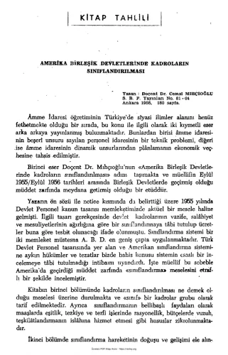 Nermin Abadan Unat Kitap Tahlili Amerika Birleşik Devletlerinde Kadroların Sınıflandırılması SBF Dergisi Cilt 14 Sayı 1