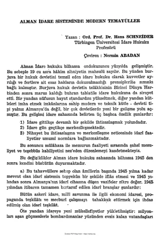 Nermin Abadan Unat Hans Schneider Alman İdare Sisteminde Modern Temayüller SBF Dergisi Cilt 9 Sayı 4