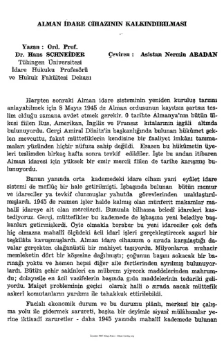 Nermin Abadan Unat Hans Schneider Alman İdare Cihazının Kalkındırılması SBF Dergisi Cilt 9 Sayı 3
