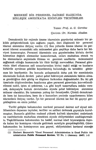 Unat A G Gorvine Merkezi Bir Personel Dairesi Hakkında Birleşik Amerikada Edinilen Tecrübeler SBF Dergisi